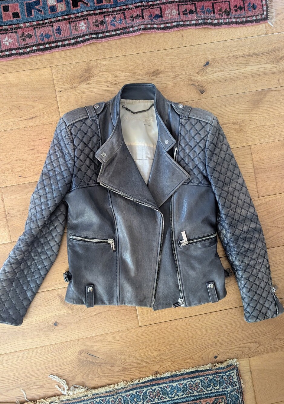 Luxury Lambskin Leather Moto Navy Jacket Paris Barbara Bui Size XS/Small